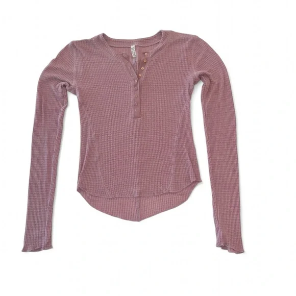 Free People Waffle Knit Henley Top Mauve Long Sleeve Boho Thermal S - Picture 9 of 9